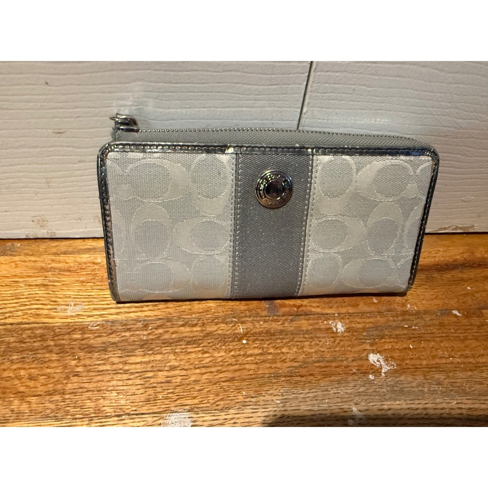 Coach Signature Zip Around Wallet Silver Metallic Monogram Wristlet
